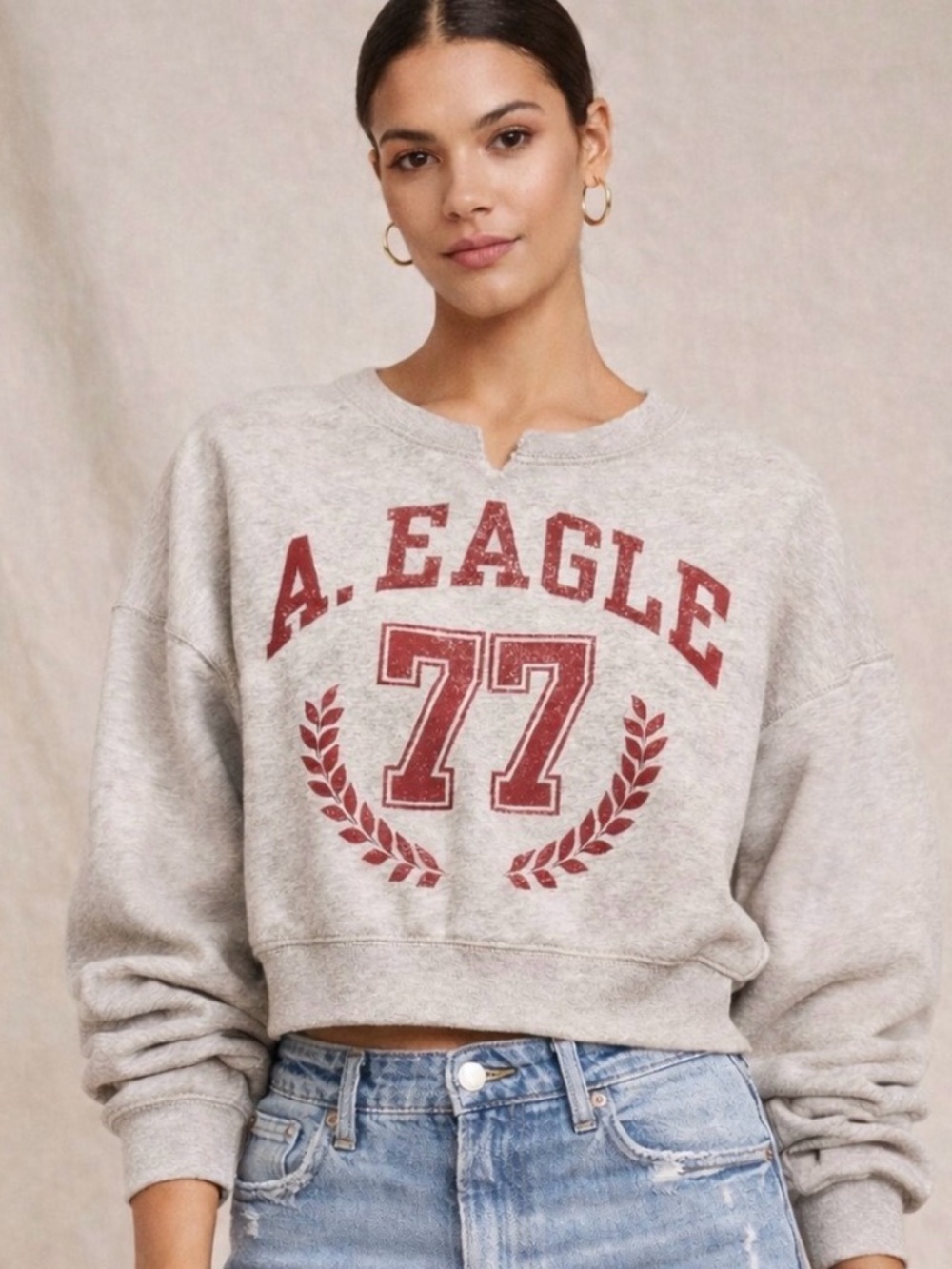 American Eagle 77 Cropped Crewneck Sweatshirt - Heather Gray  Size Large